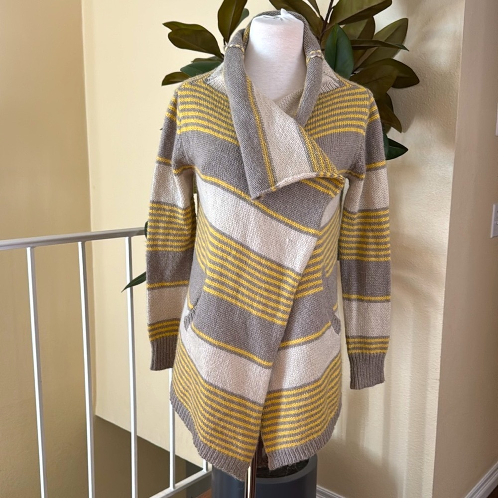 Love Stitch Stripe Knit Open Front Cardigan With Pockets Yellow/Gray/Cream L